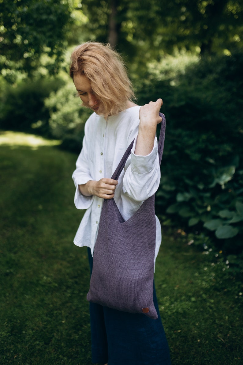 Lavender Linen Tote Bag, Linen Market Bag Hand Bag for Summer, Linen Beach Bag, Zero Waste Shopping Tote Bag, Hand Knit Unisex Bag image 1