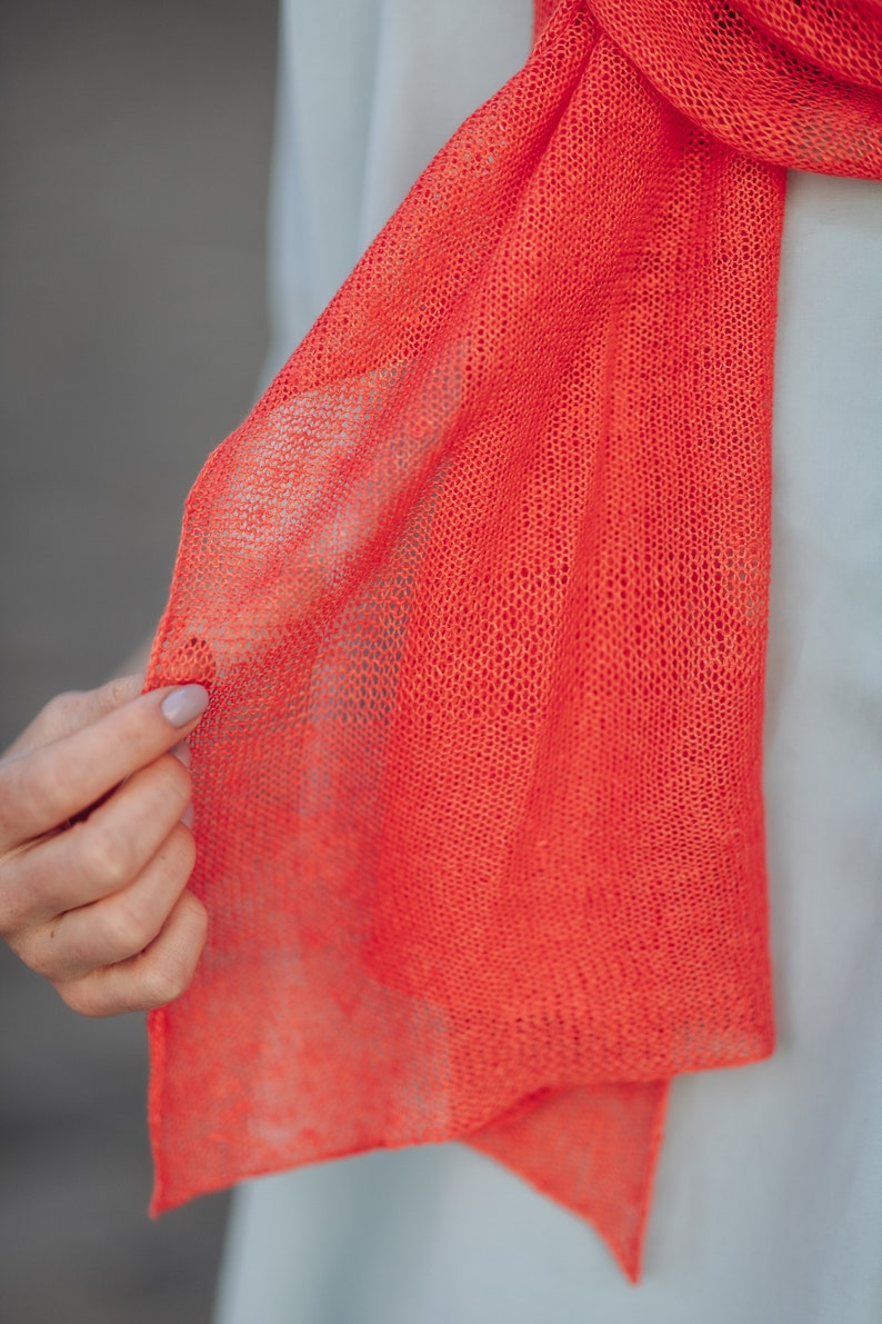 Linen Scarf Women, Linen Coral Shawl, Lightweight Accessories, Sustainable Clothing, Knitted Women Shawl, Linen Shawl Wrap image 3