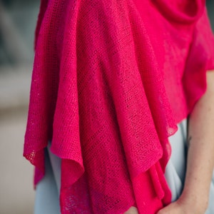 Linen Summer Shawl in Fuchsia, Lace Knit Scarf, Boho Style Accessories, 100% European Linen Scarf, Eco Wrap Linen Shawl, Hand Knit Scarf image 8