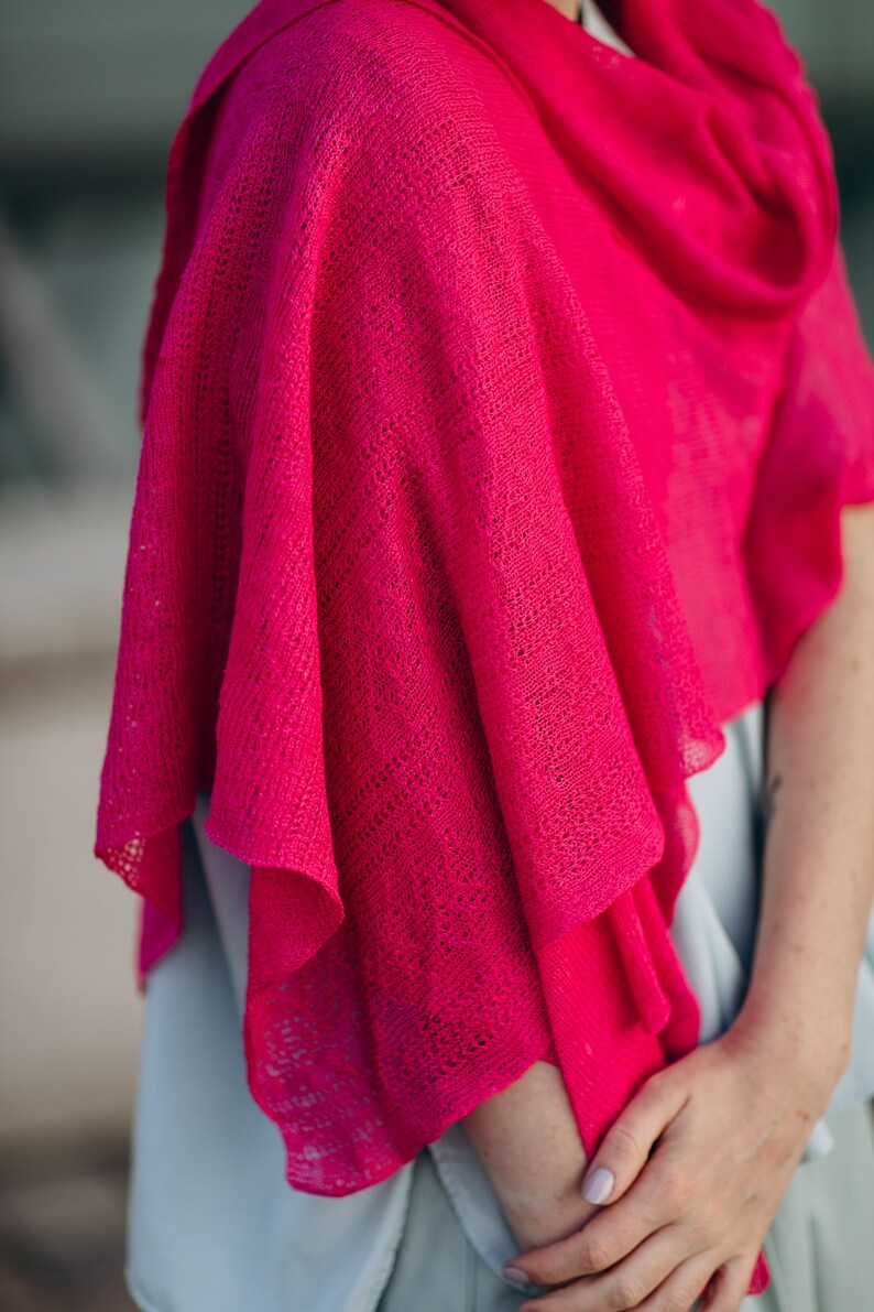 Linen Summer Shawl in Fuchsia, Lace Knit Scarf, Boho Style Accessories, 100% European Linen Scarf, Eco Wrap Linen Shawl, Hand Knit Scarf image 8