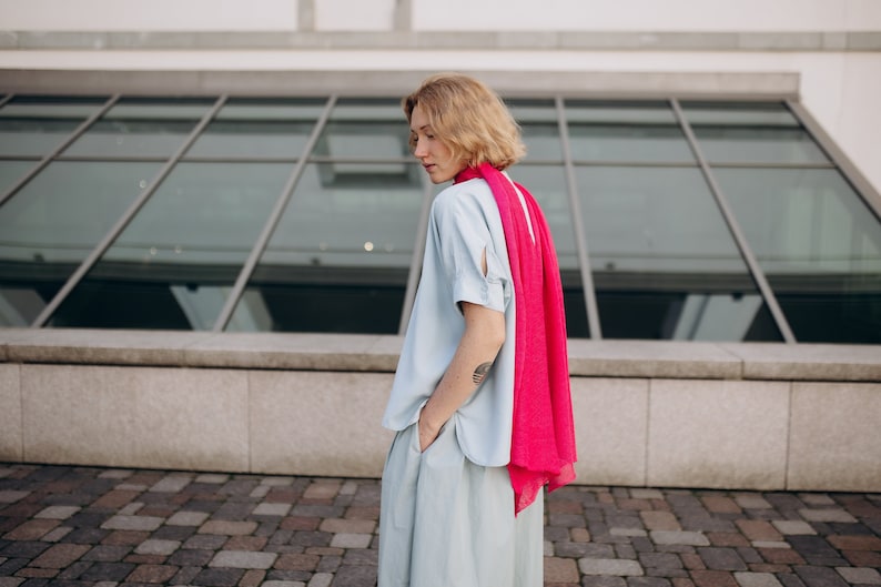 Linen Summer Shawl in Fuchsia, Lace Knit Scarf, Boho Style Accessories, 100% European Linen Scarf, Eco Wrap Linen Shawl, Hand Knit Scarf image 4