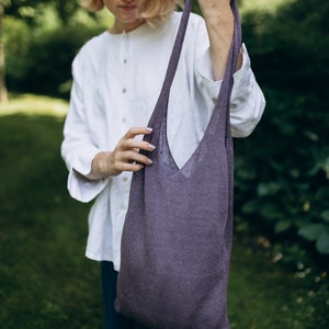 Lavender Linen Tote Bag, Linen Market Bag Hand Bag for Summer, Linen Beach Bag, Zero Waste Shopping Tote Bag, Hand Knit Unisex Bag image 7