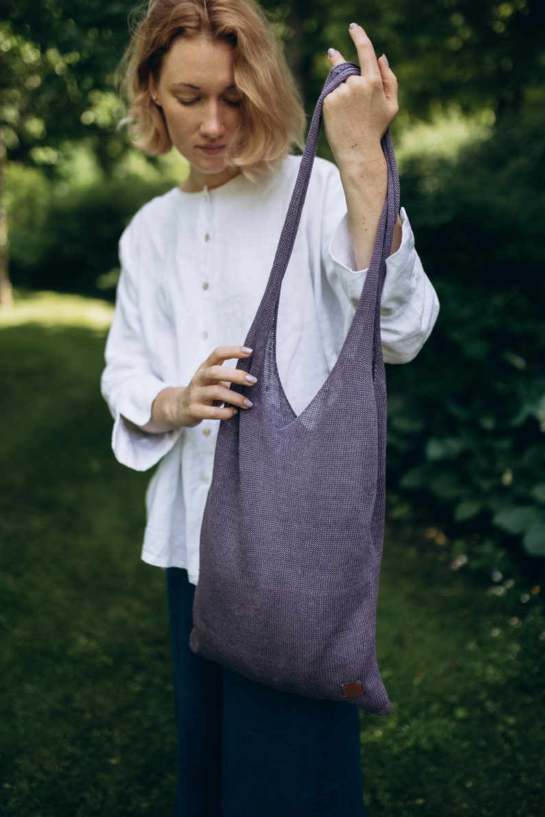 Lavender Linen Tote Bag, Linen Market Bag Hand Bag for Summer, Linen Beach Bag, Zero Waste Shopping Tote Bag, Hand Knit Unisex Bag image 7