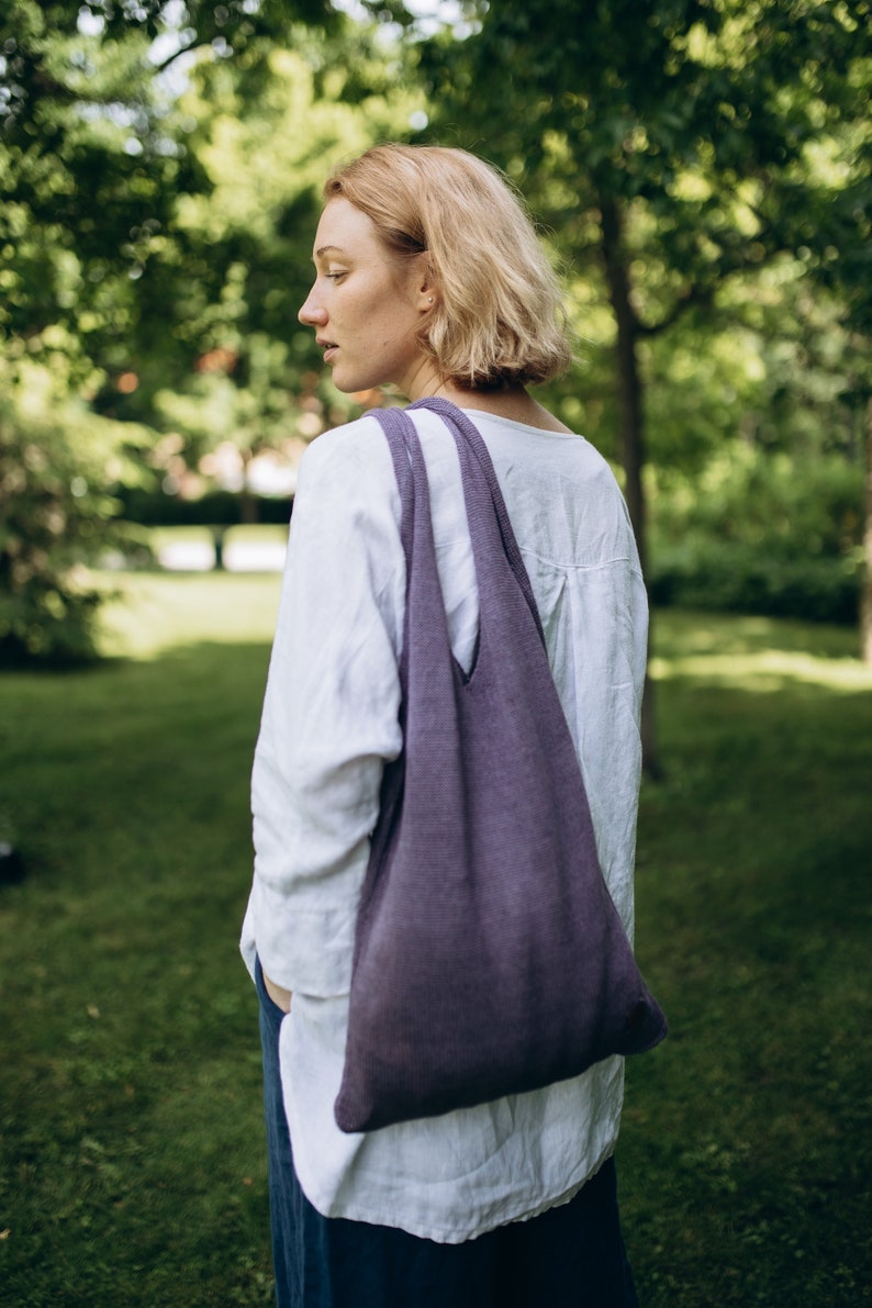 Lavender Linen Tote Bag, Linen Market Bag Hand Bag for Summer, Linen Beach Bag, Zero Waste Shopping Tote Bag, Hand Knit Unisex Bag image 3