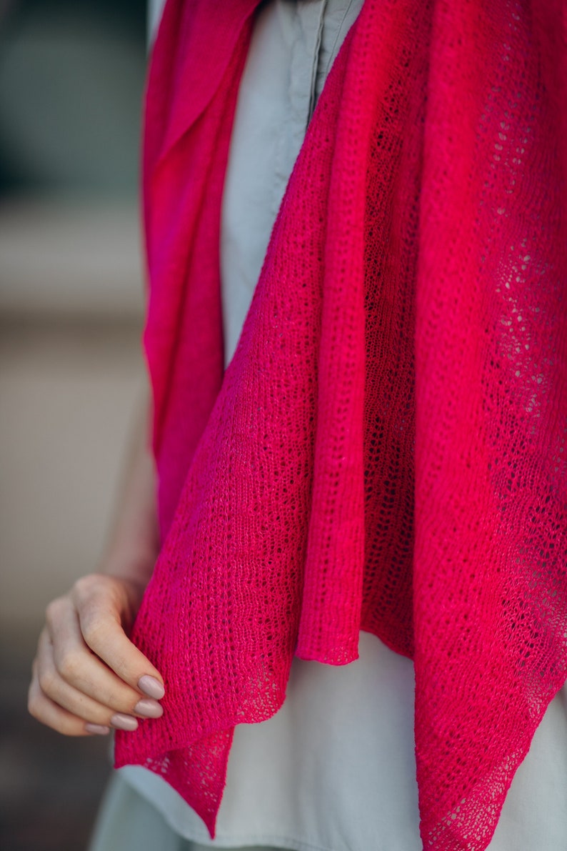Linen Summer Shawl in Fuchsia, Lace Knit Scarf, Boho Style Accessories, 100% European Linen Scarf, Eco Wrap Linen Shawl, Hand Knit Scarf image 10