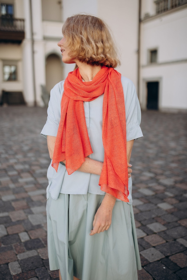 Linen Scarf Women, Linen Coral Shawl, Lightweight Accessories, Sustainable Clothing, Knitted Women Shawl, Linen Shawl Wrap image 5