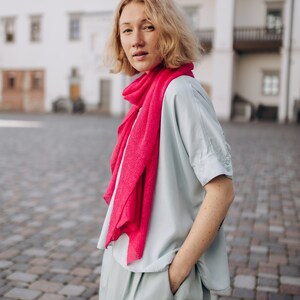 Linen Summer Shawl in Fuchsia, Lace Knit Scarf, Boho Style Accessories, 100% European Linen Scarf, Eco Wrap Linen Shawl, Hand Knit Scarf image 6