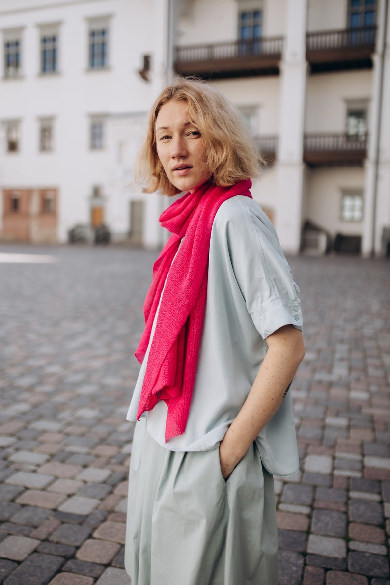 Linen Summer Shawl in Fuchsia, Lace Knit Scarf, Boho Style Accessories, 100% European Linen Scarf, Eco Wrap Linen Shawl, Hand Knit Scarf image 6