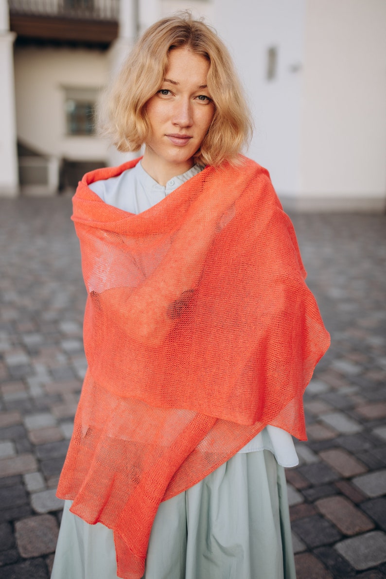 Linen Scarf Women, Linen Coral Shawl, Lightweight Accessories, Sustainable Clothing, Knitted Women Shawl, Linen Shawl Wrap image 4