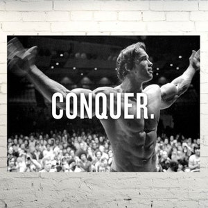 Arnold Schwarzenegger Conquer - Gym Poster Quote Motivational Fitness Inspiration Mental Health - High Quality Vector Image