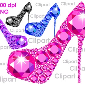 4 Hoge hakken schoenen clipart PNG Pink Purple Blue en Zwarte diamant strass schoen clip kunst. Dames feest High Heels clipart Instant downloaden