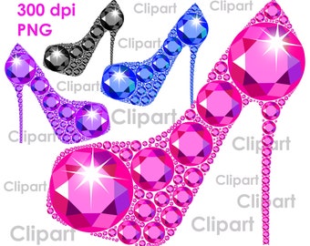 4 Hoge hakken schoenen clipart PNG Pink Purple Blue en Zwarte diamant strass schoen clip kunst. Dames feest High Heels clipart Instant downloaden