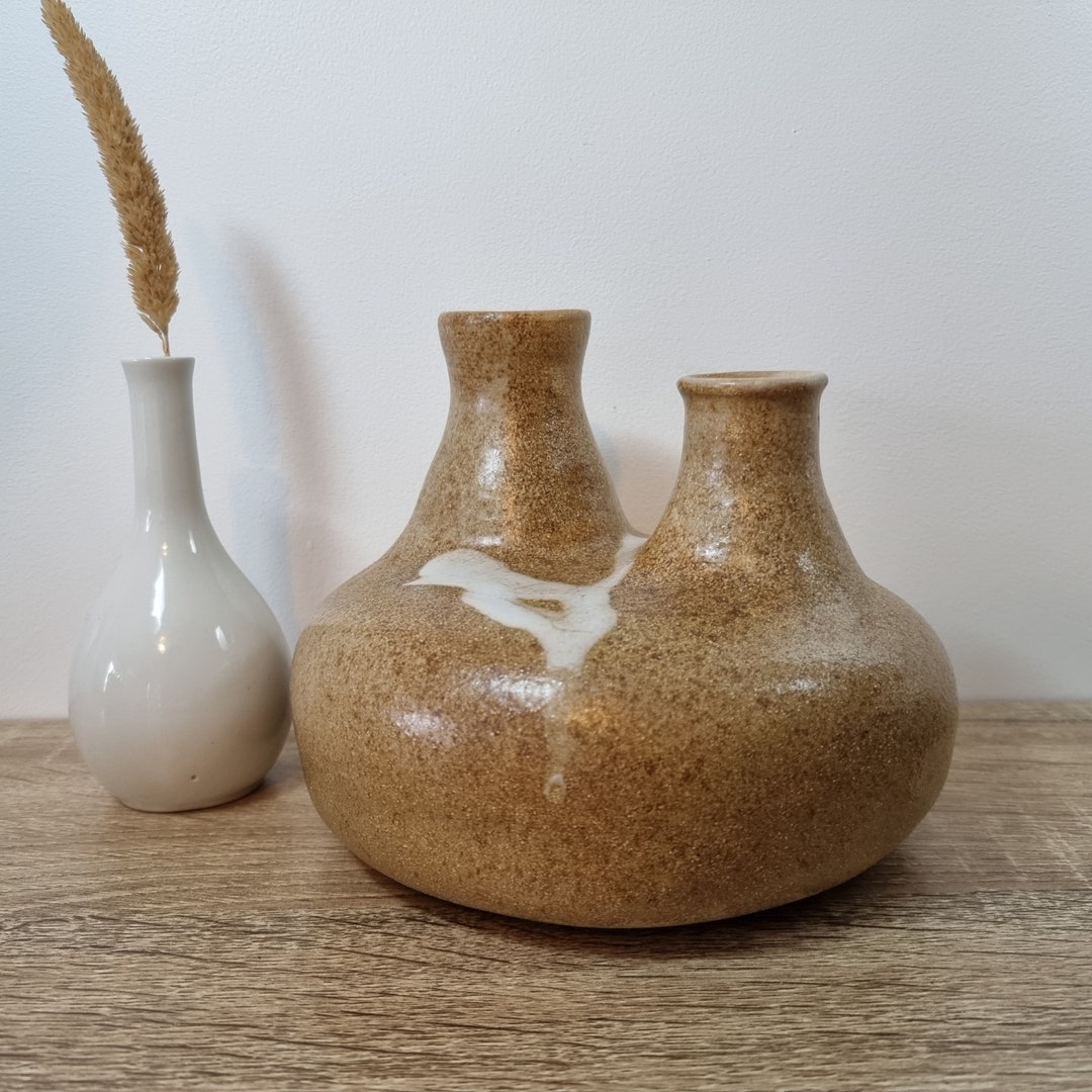 Vintage South American Wedding Vase 2 Spout Stoneware Speckled Boho Simple Etsy