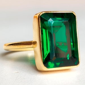 Emerald Quartz 925 Silver Ring: Gold Plated Baguette Statement Ring