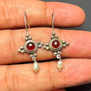 Handmade Garnet and Pearl Earrings: Boho Sterling Silver Dangle Drop