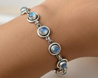 Rainbow Moonstone Bracelet 925 Sterling Silver Boho Link Bracelet 7 Inches