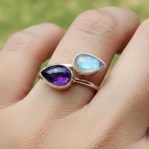 Amethist en Maansteen Ring 925 Zilveren Handgemaakte Ring Multi Edelsteen Ring Verlovingsring Statement Boho Sieraden Voor Vrouwen