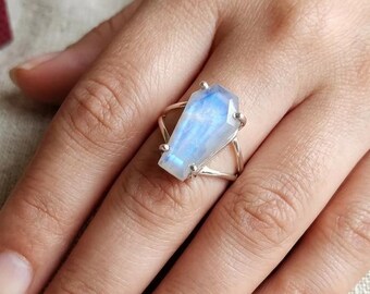 Natural Rainbow Moonstone Coffin Ring, 925 Sterling Silver Statement Ring, Handmade Gothic Jewelry, Witchy Moonstone Ring, Gemstone Ring