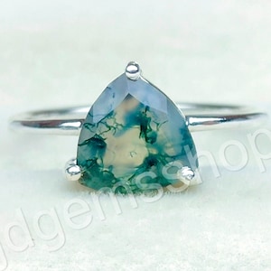 Moss Agate Trillion 925 Silver Ring Gemstone Ring Handmade Women&#39;s Jewelry