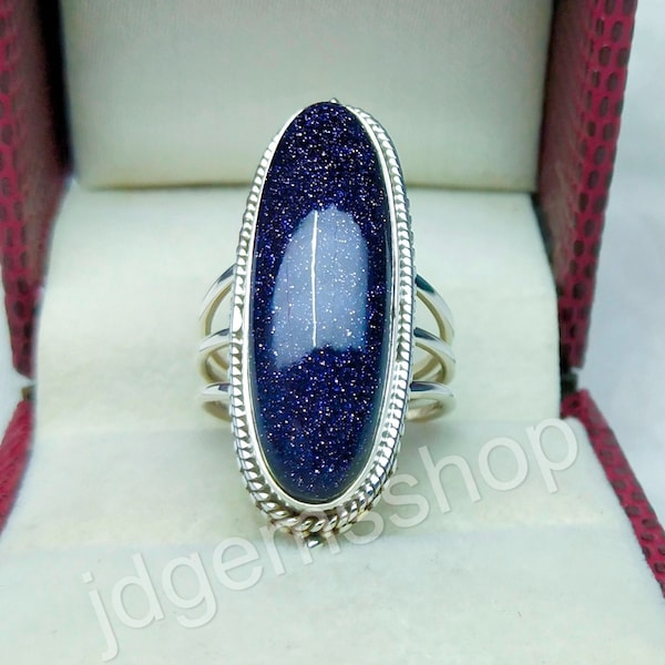 Bague en pierre de sable bleu, bague faite main, bague en argent sterling 925, bague avec pierres précieuses, cadeau pour elle, bague en argent véritable, cadeau pour elle