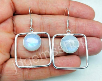 Rainbow moonstone handmade 925 sterling silver earrings big earrings dangle drop earrings moonstone round earrings for women gift for her