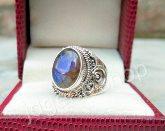 Blue Labradorite Ring Vintage 925 Silver Ring Designer Ring Handmade Gemstone Ring Oval Ring For Women Promise Ring Statement Ring