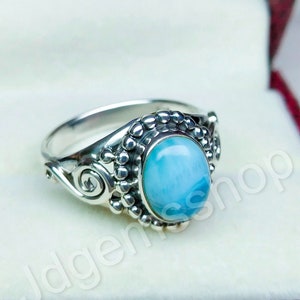 Larimar Ring Boho Ring 925 Sterling Silver Ring Handmade Ring Gemstone Ring Midi Ring Promise Ring Oval Ring Blue Larimar Ring for Women
