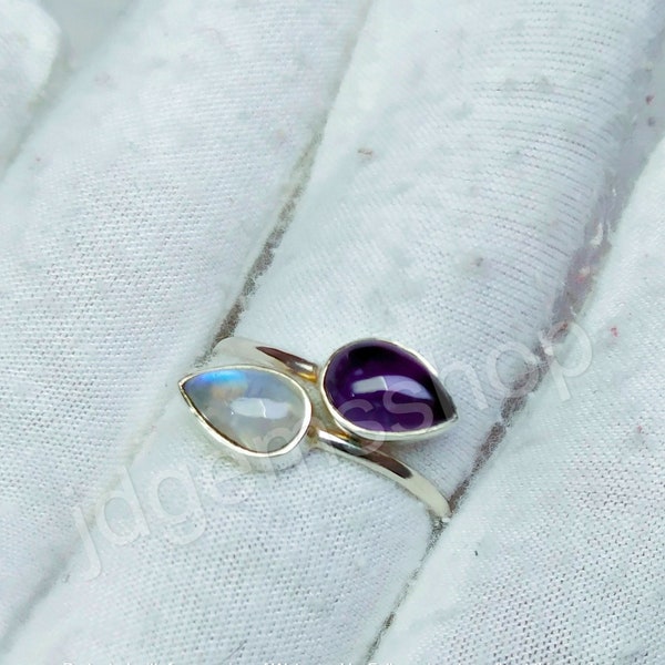 Bague améthyste, pierre de lune, bague faite main, bague en argent 925, 2 pierres, bague avec pierres précieuses, cadeau pour elle, bague de fiançailles, bague à empiler multi-pierres