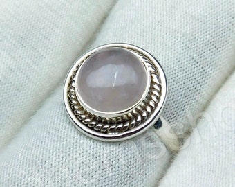 Rose Quartz Round Gemstone Ring 925 Silver Handmade Boho Statement Engagement Ring