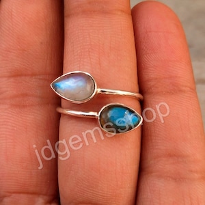 Handgemaakte sterlingzilveren ring met maansteen en labradoriet, stapelring boho