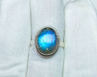 Labradorite Ring Handmade 925 Silver Ring Gemstone Ring For Her Blue Stone Ring Vintage Boho Ring Unique Engraved Stackable Ring