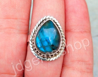 Teardrop Labradorite Ring: 925 Sterling Silver Handmade Boho Ring