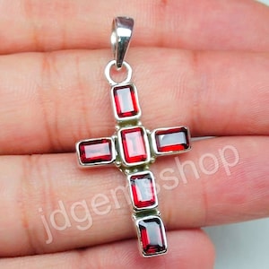 Garnet Pendant, 925 Sterling Silver Pendant, Natural Garnet Pendant, Red Garnet Pendant, Cross Pendant, Gemstone Cross Pendant, Gift