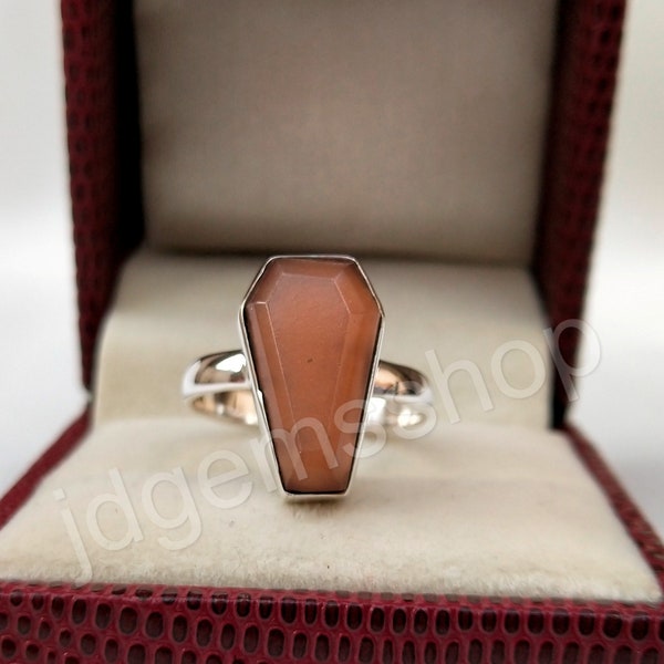 Peach Moonstone Ring Coffin Ring 925 Silver Ring Boho Ring Statement Ring Dainty Ring Gemstone Ring Gift For Her Women Ring Wedding Gift