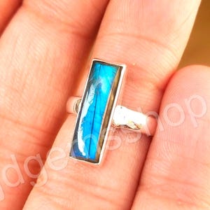 Blue Labradorite Baguette Ring: Handmade 925 Sterling Silver Statement Ring