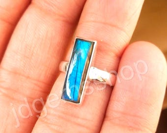 Blue Labradorite Baguette Ring: Handmade 925 Sterling Silver Statement Ring