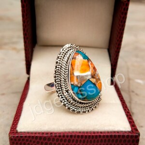 Spiny oyster turquoise ring 925 sterling silver ring gemstone rings for women teardrop ring statement ring boho vintage ring