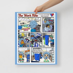 Puede incluir: Una impresión estilo cómic, titulada "The Work Flow", con un borde azul claro. La obra de arte representa a profesionales médicos en un quirófano. El texto incluye "Operating Room", "Sterile" y "Transport".