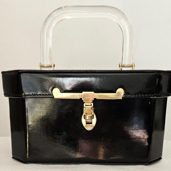 Vintage 1950s Patent Leather Box Purse with Lucit… - image 1