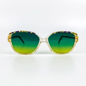 80s Retro Sunglasses: Patterned Acetate Frame, Green Lenses - Made in France