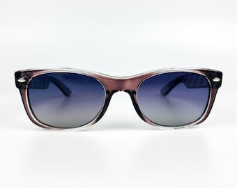 90s Vintage Sunglasses: Purple Patterned Frame, Smoke Gradient Lenses - Made in Italy