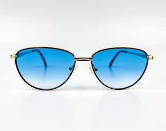 Vintage 90s Sunglasses: Gold & Black Metal Frame, Blue Lens - Made in Italy