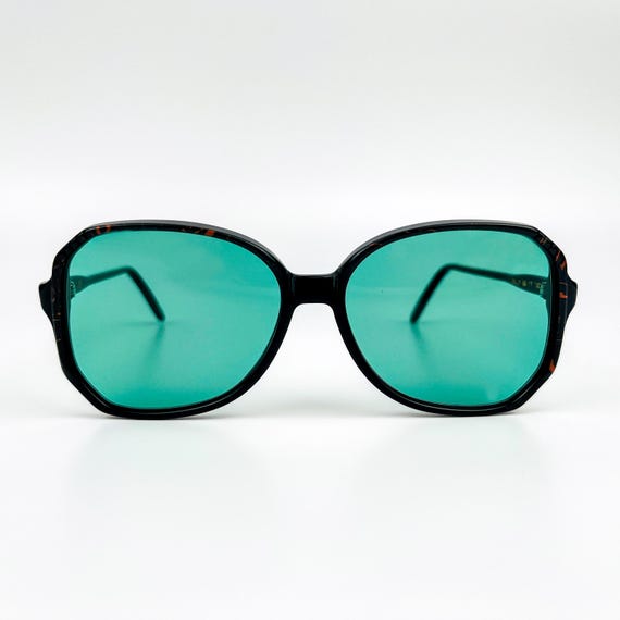70s Retro Sunglasses: Patterned Black Acetate Frame, Turquoise