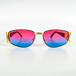 Fendi Vintage Sunglasses  – 90s Retro Small Gold Metal Frame – Pink-Blue Lenses – Fashion Shades – Woman & Man Eyewear – Made in Italy