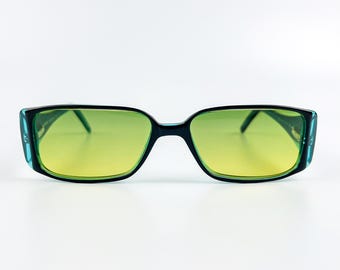 Vintage Black & Blue Sunglasses - 90s Italian NOS - Dual-Tone Frame, Green Gradient Lenses, Unisex Eyewear