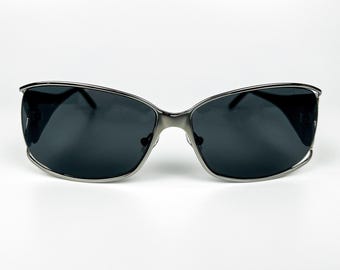 Vintage Sunglasses, 2000s Y2K Eyewear, Silver Metal Frame, Black UV400 Lenses, Rhinestone Detail