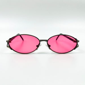 Vintage Sunglasses – 90s NOS Retro Small Silver Metal Frame – Pink Lenses – Woman & Man Eyewear – Made in Italy