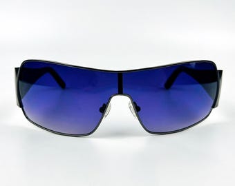 2000s Retro Sunglasses: Gray Metal Frame, Purple Gradient Polarized Lenses, Made in Italy
