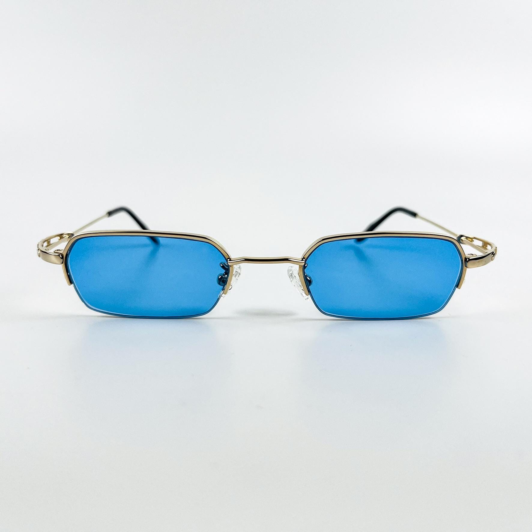 Vintage 90s Gold Frame Sunglasses: Blue Lenses, Made in 