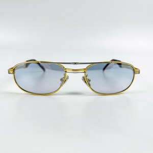 Vintage Sunglasses – 90s NOS Retro Gold Metal Frame – Mirrored Blue Lenses – Woman & Man Eyewear – Fashion Shades – Made in Italy
